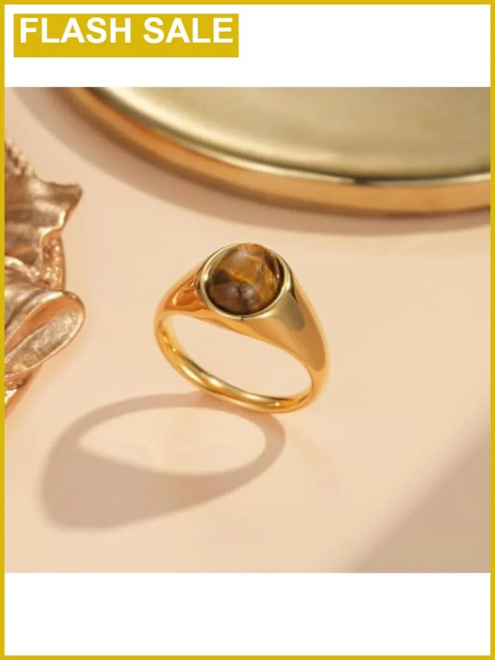 18K Gold Plated Stainless Steel Signet Ring Women Non Tarnish Gemstone